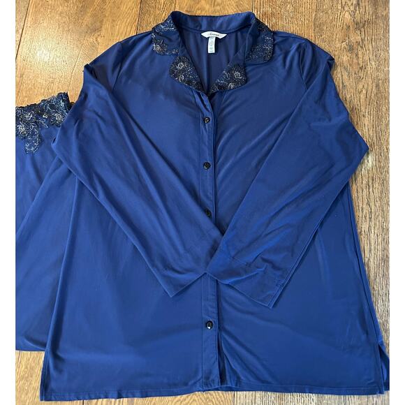 Soma Pajama Set Deep Blue with Black Silver Lace Accent Trim Stretch Sz L - Picture 2 of 9